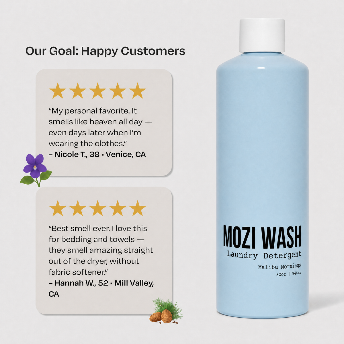 A light blue bottle of Mozi Wash Laundry Detergent with a white cap, shown next to two customer review cards on a light gray background.