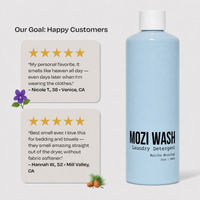 A light blue bottle of Mozi Wash Laundry Detergent with a white cap, shown next to two customer review cards on a light gray background.