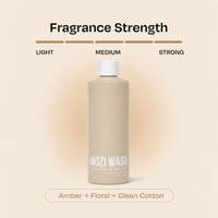 A bottle of Mozi Wash laundry detergent centered on a warm beige background with text reading 'Fragrance Strength' and 'Amber + Floral + Clean Cotton.' The bottle is a light warm beige with a white cap, and the image uses a simple infographic layout to show light, medium, and strong fragrance levels.