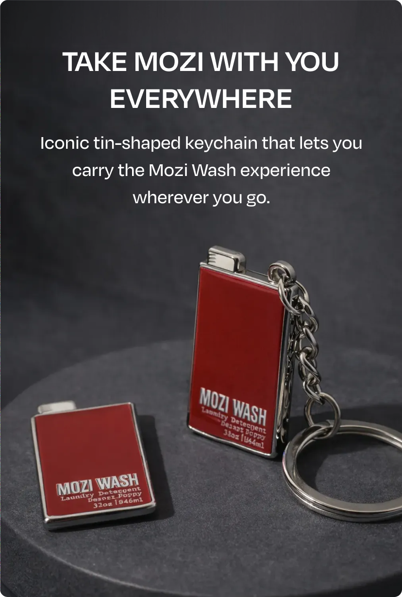 take mozi with you everywhere. iconic tin-shaped keychain that lets you carry the mozi wash experience wherever you go.