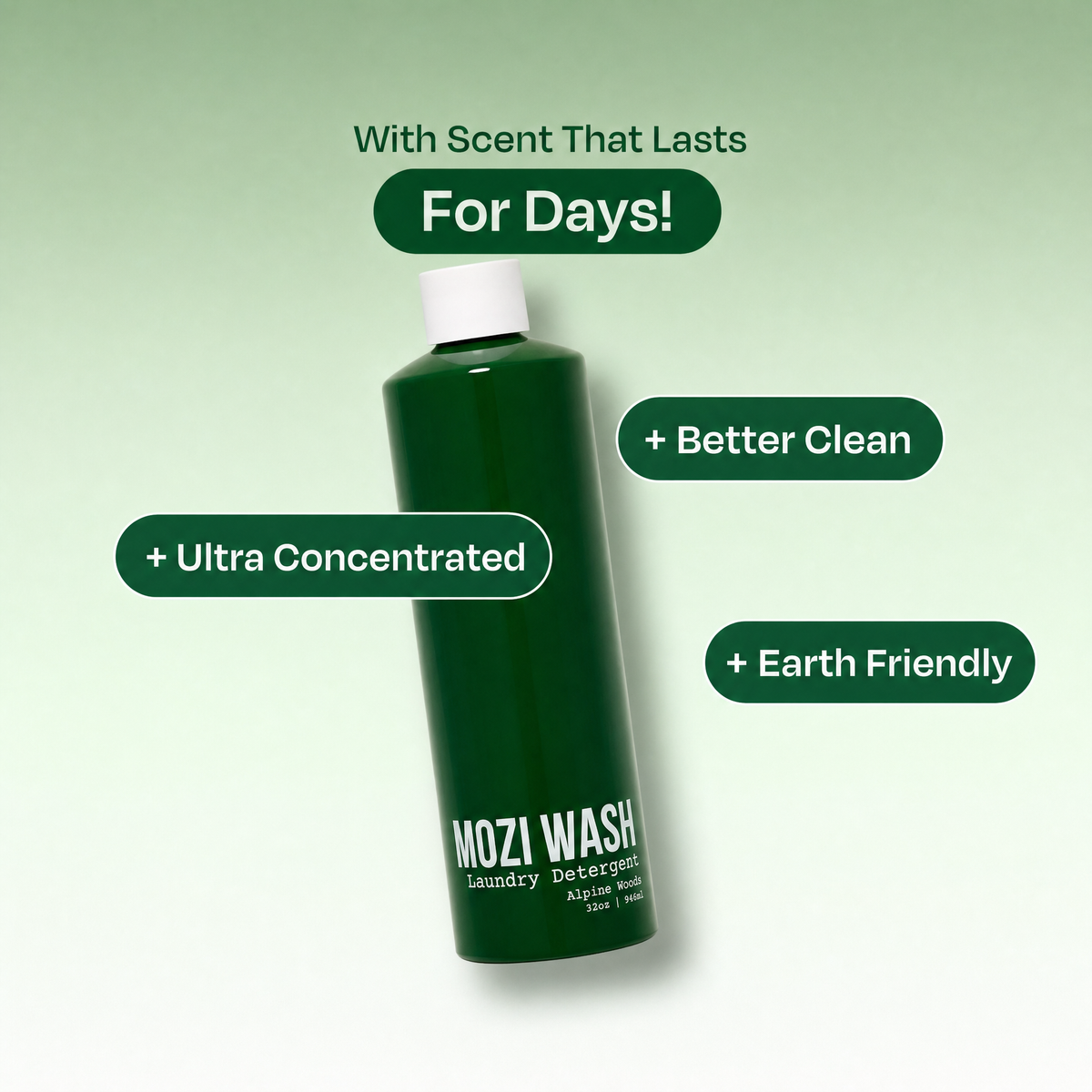 A dark green bottle of Mozi Wash laundry detergent with a white cap, shown on a light green gradient background with promotional text callouts.