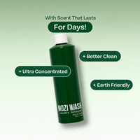 A dark green bottle of Mozi Wash laundry detergent with a white cap, shown on a light green gradient background with promotional text callouts.