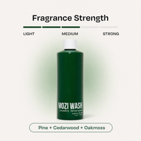 A dark green bottle of Mozi Wash Laundry Detergent centered on a light beige background, with a fragrance strength scale above labeled Light, Medium, and Strong, and a scent note at the bottom reading Pine + Cedarwood + Oakmoss.