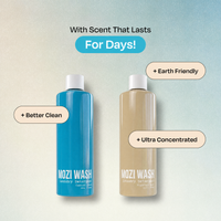 Two Mozi Wash laundry detergent bottles on a soft gradient background with marketing text. One bottle is bright blue and the other is beige, both with white caps.