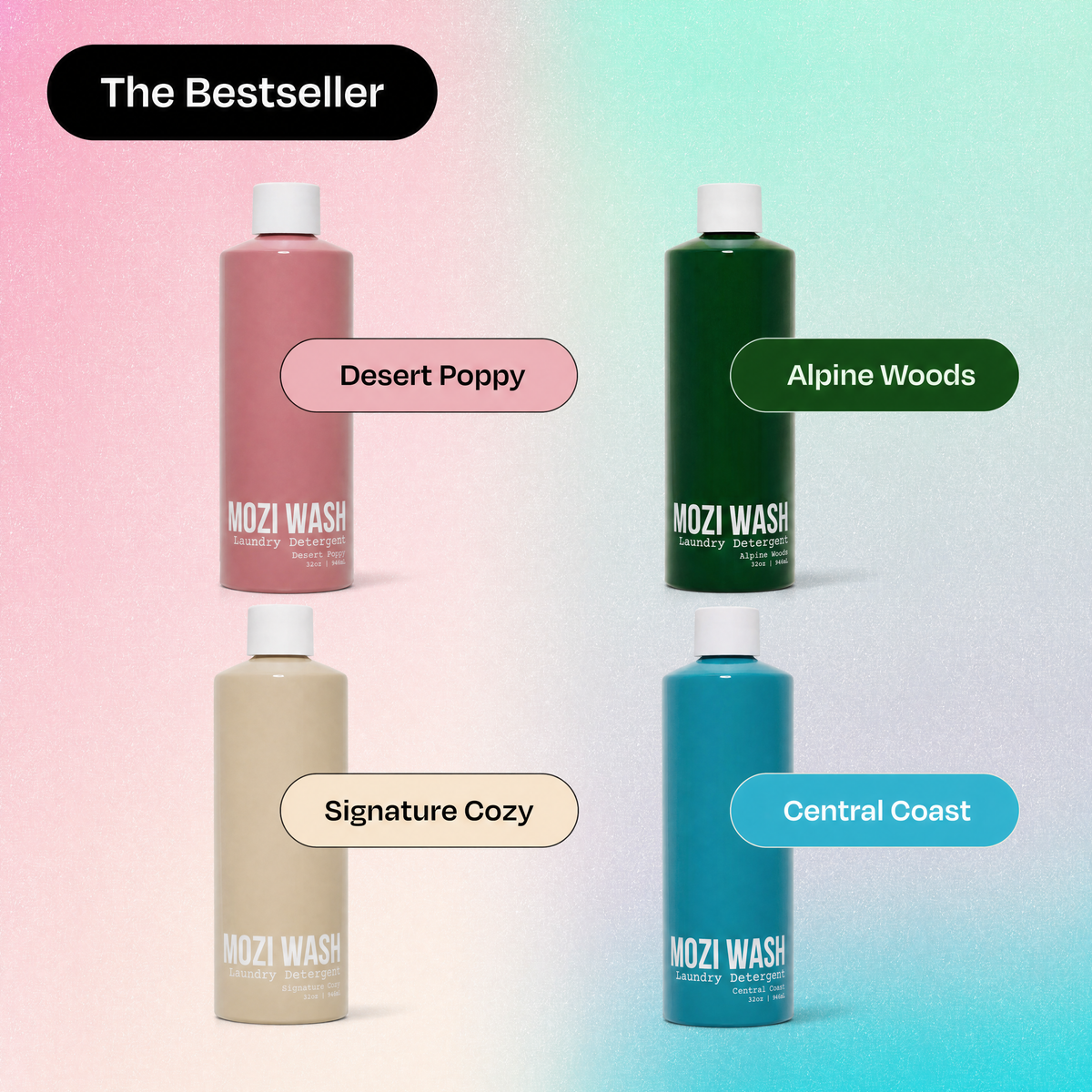 Four Mozi Wash laundry detergent bottles arranged in a 2x2 grid on a pastel gradient background. The bottles are labeled Desert Poppy, Alpine Woods, Signature Cozy, and Central Coast, with 'The Bestseller' badge at the top left.