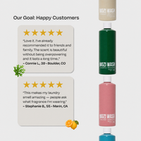 Promotional graphic for Mozi Wash laundry detergent showing three bottle color options (beige, green, and pink) on the right, alongside customer review cards on the left with star ratings and customer quotes.