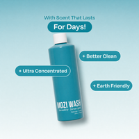 A bottle of Mozi Wash laundry detergent centered on a light blue gradient background with marketing text callouts: 'With Scent That Lasts For Days!', '+ Better Clean', '+ Ultra Concentrated', and '+ Earth Friendly'.