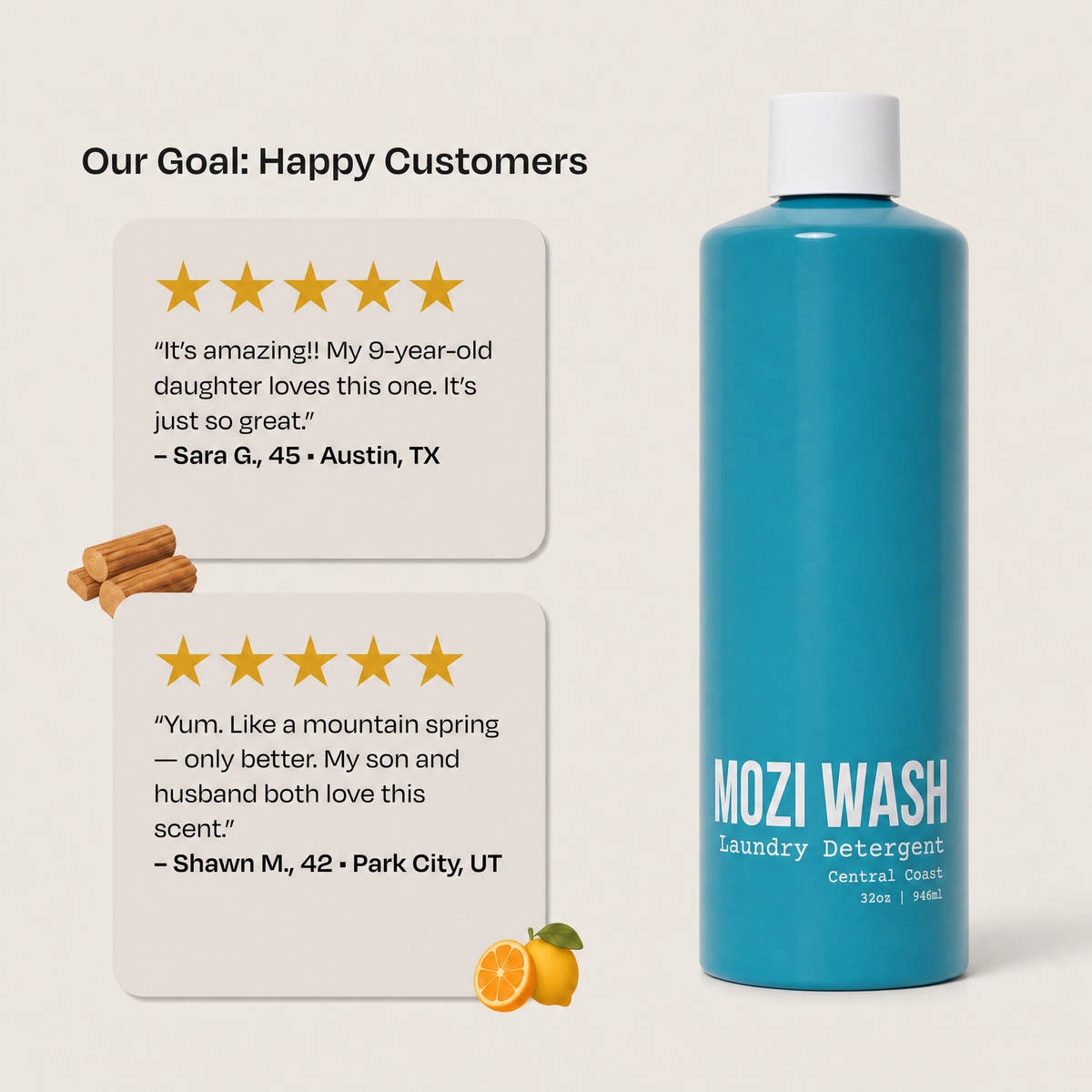 A teal blue bottle of Mozi Wash Laundry Detergent with a white cap, shown on a light beige background next to two white review cards with yellow stars and small cinnamon and orange graphics.