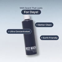 A bottle of MOZI WASH laundry decolorizer centered on a light blue gradient background with promotional text callouts reading 'With Scent That Lasts For Days!', '+ Better Clean', '+ Ultra Concentrated', and '+ Earth Friendly'.
