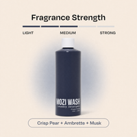 A bottle of Mozi Wash laundry detergent centered on a light beige background, with a fragrance strength guide above showing Light, Medium, and Strong options. The bottle is dark navy blue with a white cap and white text.