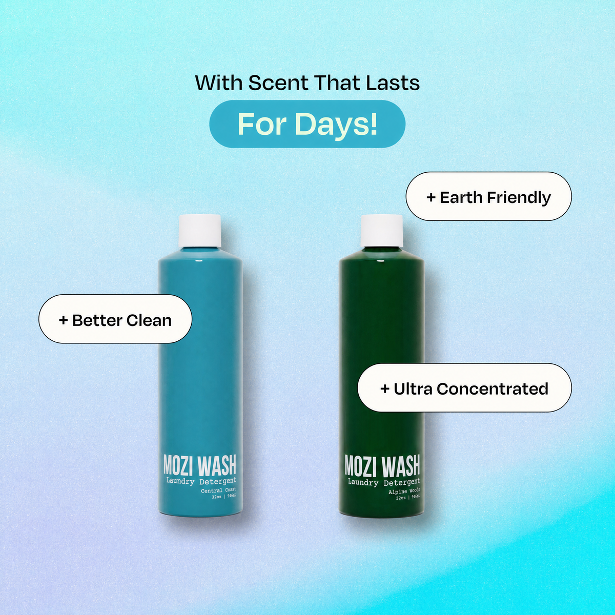 Two Mozi Wash laundry detergent bottles on a light blue gradient background with promotional text callouts. One bottle is teal-blue and the other is dark green, both with white caps and Mozi Wash branding near the bottom.