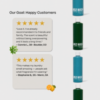 Promotional graphic for Mozi Wash laundry detergent showing two customer review cards with star ratings and quotes, alongside vertical bottles of the detergent in teal and dark green on a light gray background.