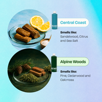 A comparison graphic for two wood polish sprays: 'Central Coast' in a blue bottle with lemon and wood block imagery, and 'Alpine Woods' in a green bottle with pinecones and moss imagery, on a light blue gradient background.