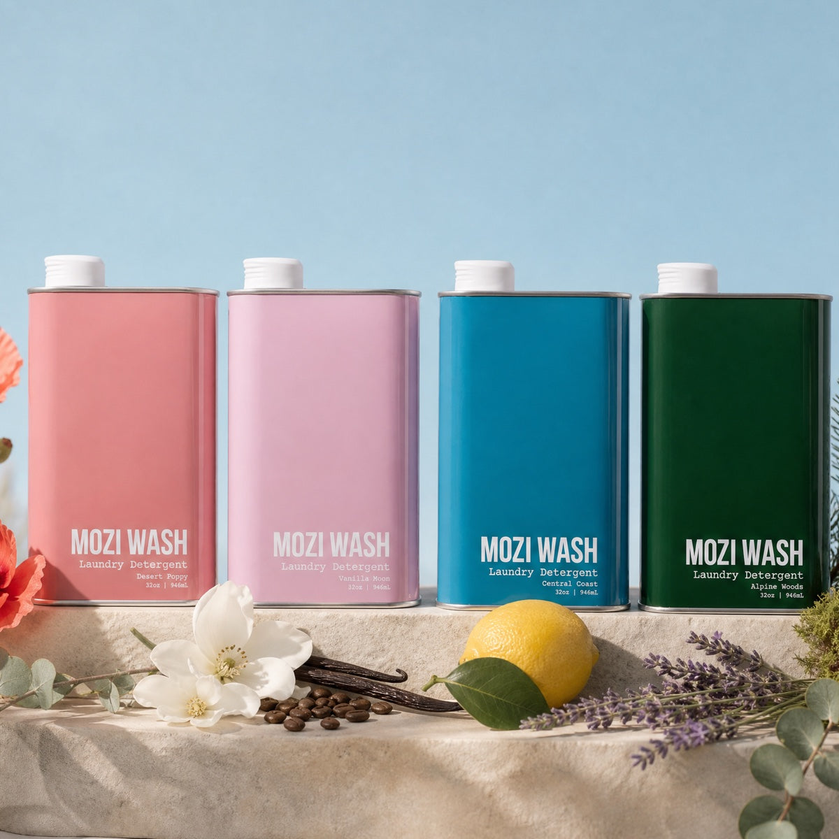 Four Mozi Wash laundry detergent tins on a stone ledge with flowers and a blue backdrop