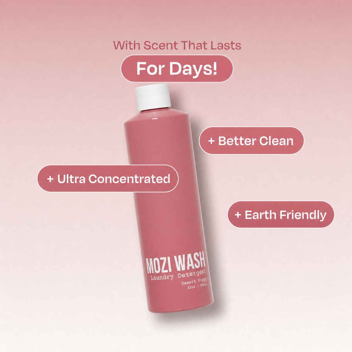 A pink bottle of Mozi Wash laundry detergent with a white cap, shown on a soft pink gradient background with promotional text callouts.
