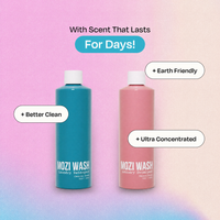 Two MOZI WASH laundry detergent bottles on a pastel pink and blue gradient background with promotional text overlays.