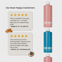Three Mozi Wash scented bottles in pink, blue, and pale pink are shown on a light gray background beside two quote cards with star ratings and customer testimonials.