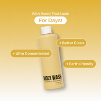 A bottle of Mozi Wash Laundry Detergent centered on a yellow-to-white gradient background with promotional text callouts: 'With Scent That Lasts For Days!', '+ Better Clean', '+ Ultra Concentrated', and '+ Earth Friendly'.