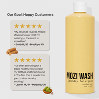 A bottle of Mozi Wash Golden Rose Laundry Detergent on a light gray background, next to two customer review cards with star ratings and small cinnamon and green pod illustrations.