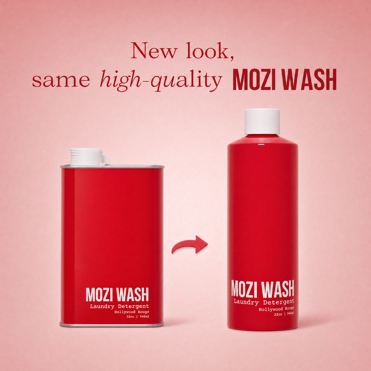 Two red MOZI WASH laundry detergent containers on a pink background, with text reading 'New look, same high-quality MOZI WASH' and a red arrow pointing from the old rectangular canister to the new rounded bottle.