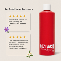 A red bottle of Mozi Wash Laundry Detergent with a white cap, shown next to two customer review cards on a light beige background.