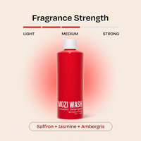 A red bottle of Mozi Wash Laundry Detergent centered on a light beige background, with a fragrance strength scale above labeled Light, Medium, and Strong, and a scent note below reading Saffron + Jasmine + Ambergris.