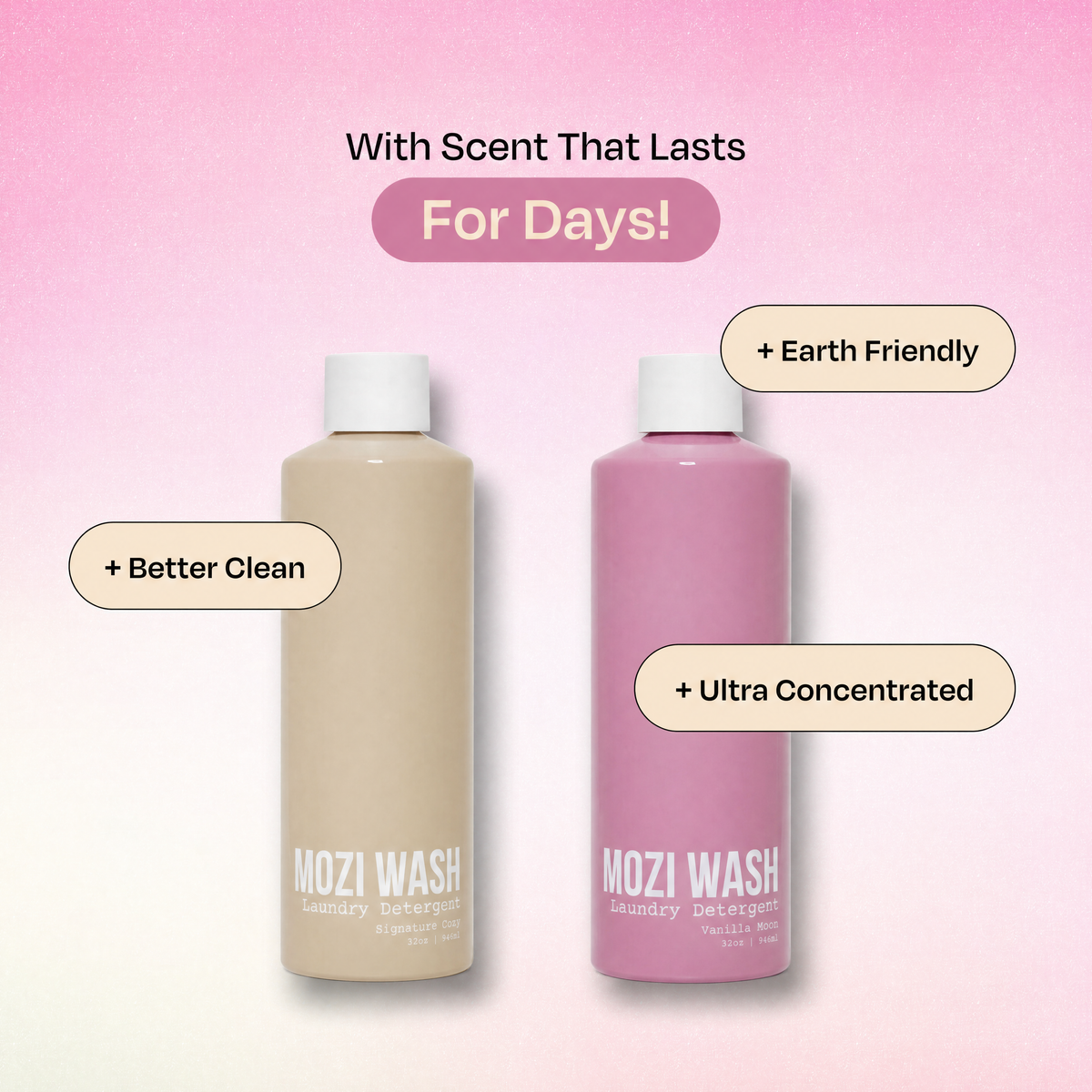 Two Mozi Wash laundry detergent bottles on a pink gradient background with marketing text callouts: one bottle is beige labeled 'With Scent That Lasts For Days!' and the other is pink labeled '+ Earth Friendly' and '+ Ultra Concentrated'.