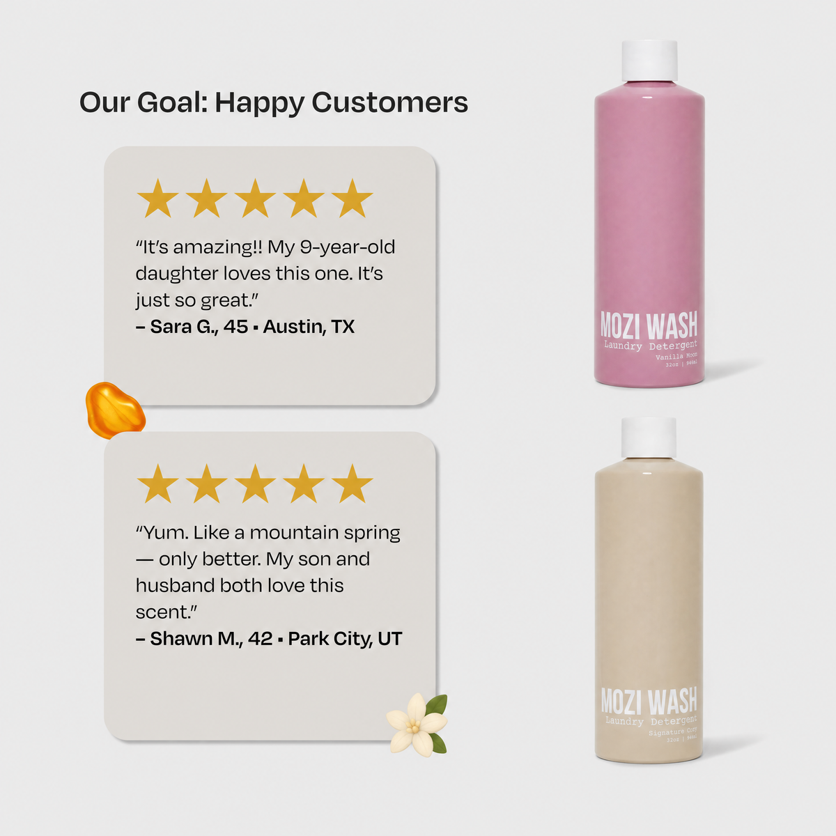 Two Mozi Wash bottles shown on a light gray background with customer review cards and small flower/peel graphics. One bottle is pink and one is beige, with the pink bottle positioned higher and the brand name visible on both bottles.