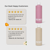 Two Mozi Wash bottles shown on a light gray background with customer review cards and small flower/peel graphics. One bottle is pink and one is beige, with the pink bottle positioned higher and the brand name visible on both bottles.