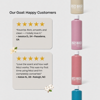 Three Mozi Wash body wash bottles in beige, dusty pink, and blue are shown vertically on the right side, next to two customer review cards on the left. The left card features a five-star rating and a positive quote from Jessica D in Pasadena, CA, while the second card features a five-star rating and a positive quote from Kelsie N in Raleigh, NC.