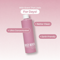 A pink bottle of MOZI WASH laundry detergent centered on a soft pink gradient background with promotional text callouts: 'With Scent That Lasts For Days!', '+ Better Clean', '+ Ultra Concentrated', and '+ Earth Friendly'.