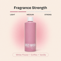 A pink bottle of MOZI WASH laundry detergent centered on a pale beige background, with a fragrance strength scale above labeled Light, Medium, and Strong, and a scent note at the bottom reading White Flower + Coffee + Vanilla.