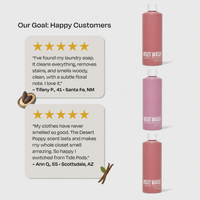 Three bottles of Mozi Wash laundry soap in a dusty pink shade are shown on the right side of a light gray background, next to two customer review cards on the left with text and star ratings.
