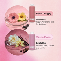 A pink bottle of MOZI WASH body wash shown on a pink background with scent callouts: 'Desert Poppy' and 'Vanilla Moon.' Circular inset photos show flowers and spices associated with each scent.