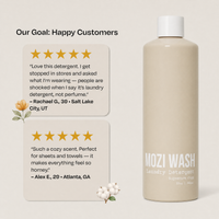 A bottle of Mozi Wash Signature Cozy laundry detergent stands on a light beige background beside two customer review cards with gold stars and quotes.