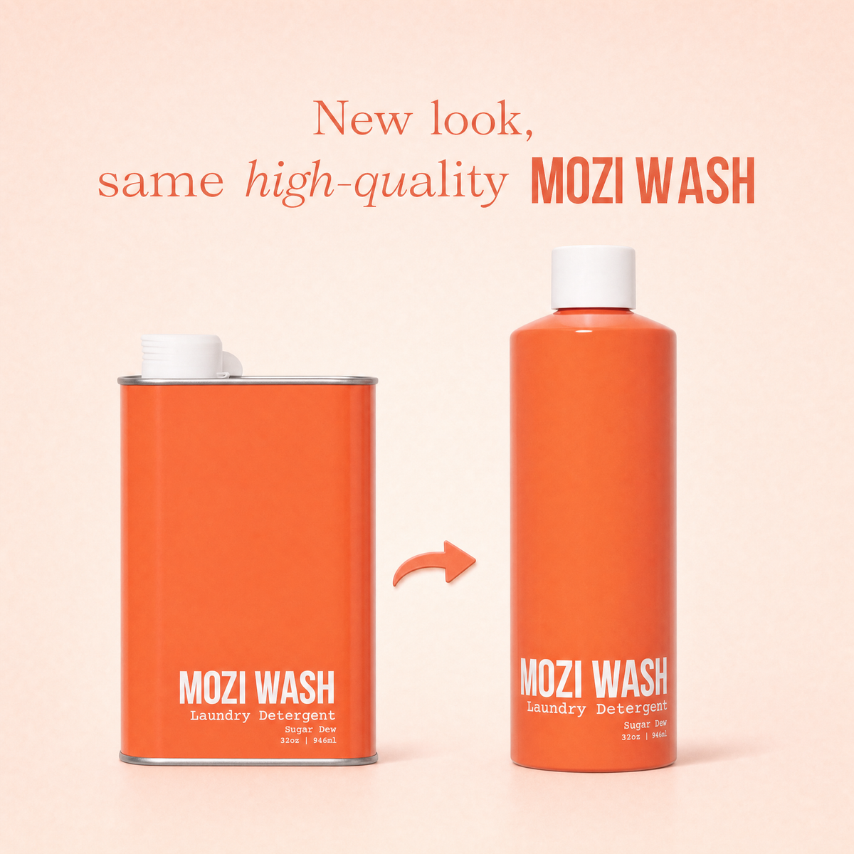 Two orange MOZI WASH laundry detergent containers on a pale peach background, with text reading 'New look, same high-quality MOZI WASH' and a small arrow pointing from the old rectangular canister to the new cylindrical bottle.