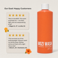 An orange bottle of MOZI WASH Laundry Detergent with a white cap, shown next to two white quote cards with customer reviews on a light beige background.